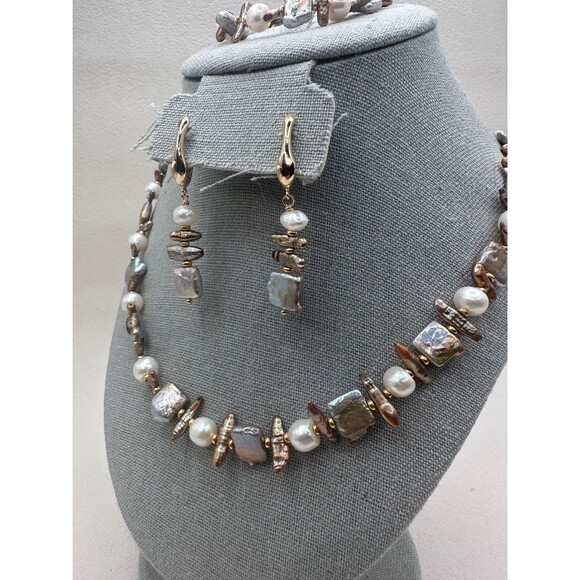 22 Mixed Baroque Pearl Necklace Bracelet Earrings Set Gold Plated - Picture 7 of 16